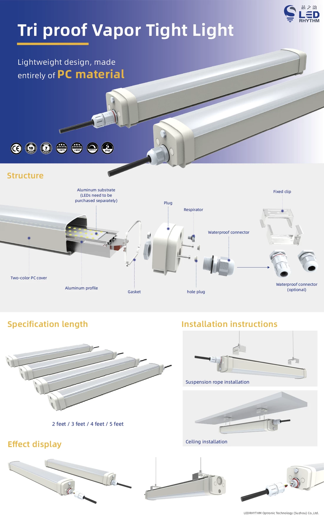 luminária LED leve de 4 pés estanque ao vapor